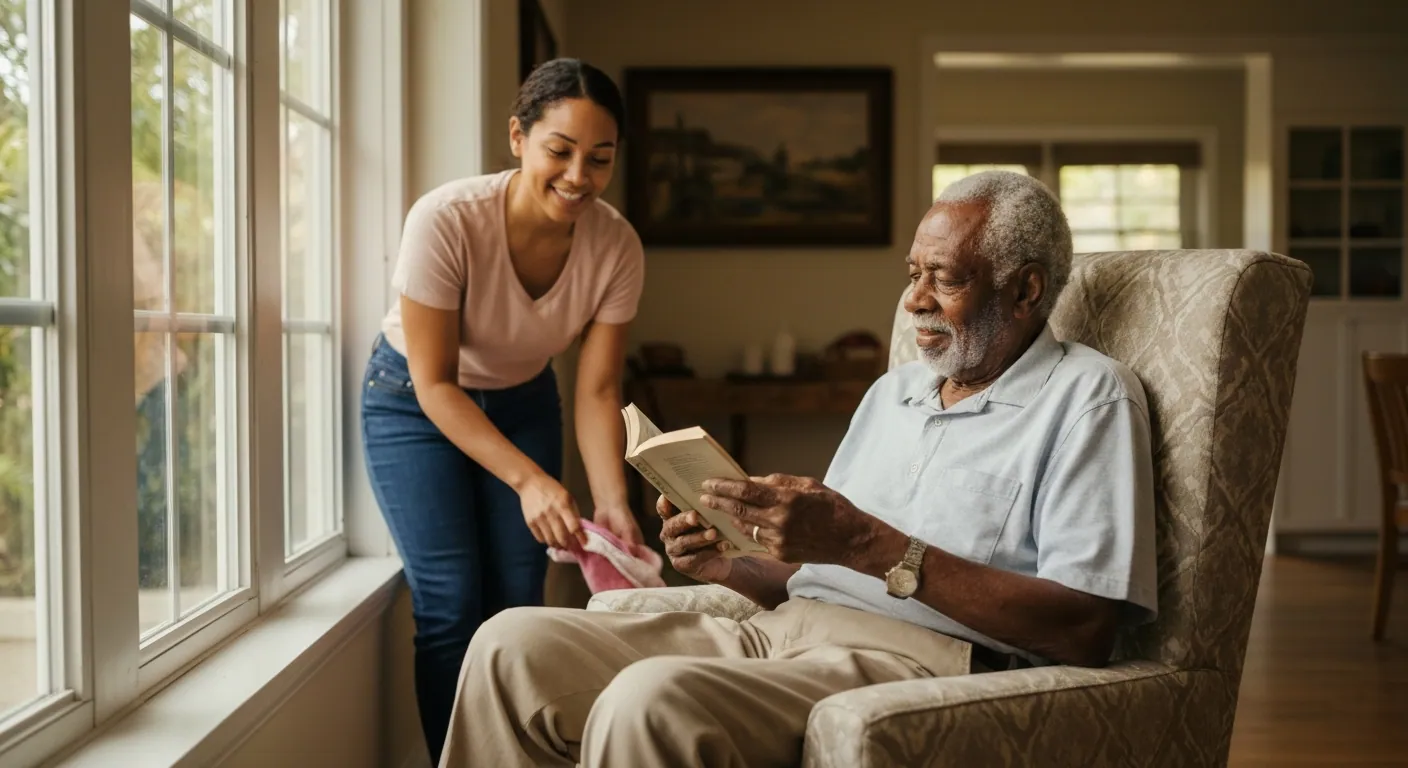 Elder man reading at home with companion in background