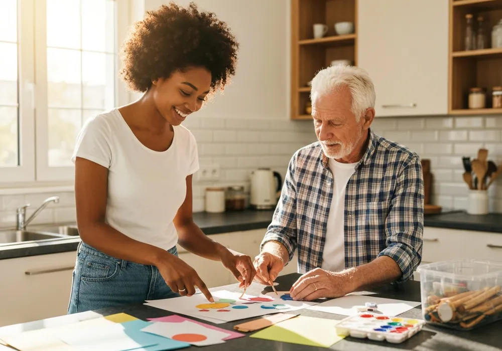 Caregiver and elder preparing a meal together