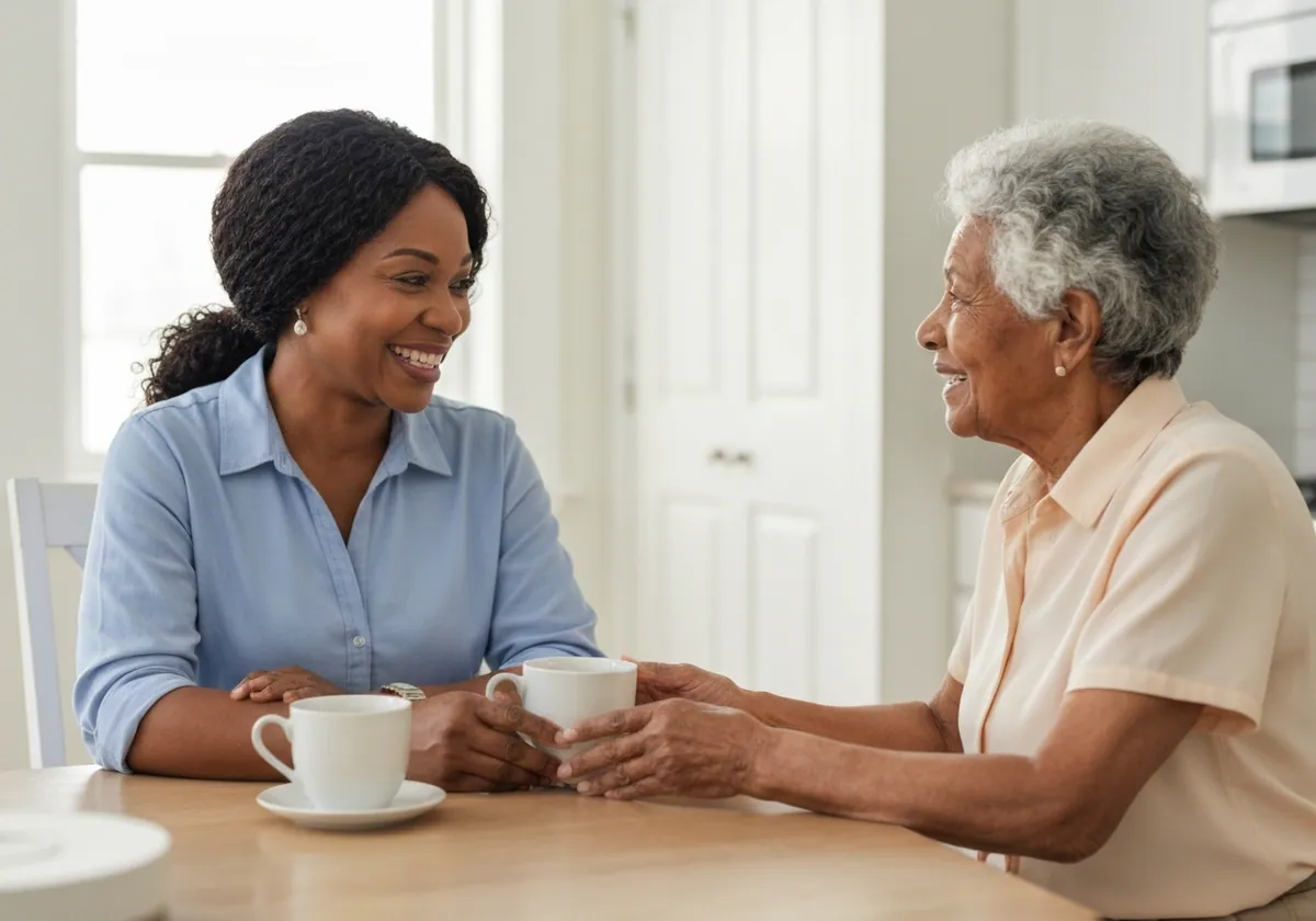 Founder sharing a warm moment with an elder client over coffee